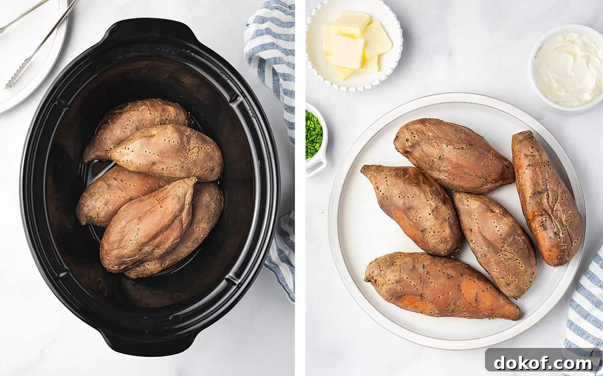 Tender Slow Cooker Sweet Potatoes for Simple Weeknight Meals 6 Cooked sweet potatoes in a slow cooker and transferred to a plate.