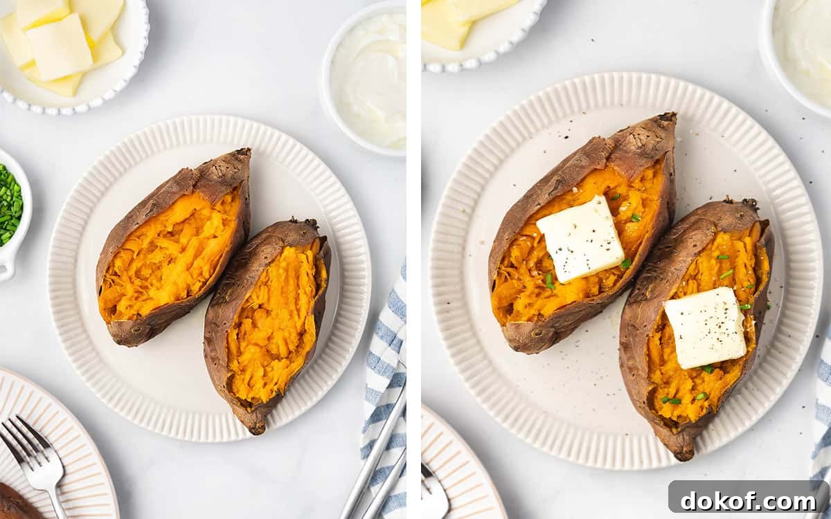 Tender Slow Cooker Sweet Potatoes for Simple Weeknight Meals 7 Sweet potatoes on a plate sliced opened and a piece of butter placed on top.