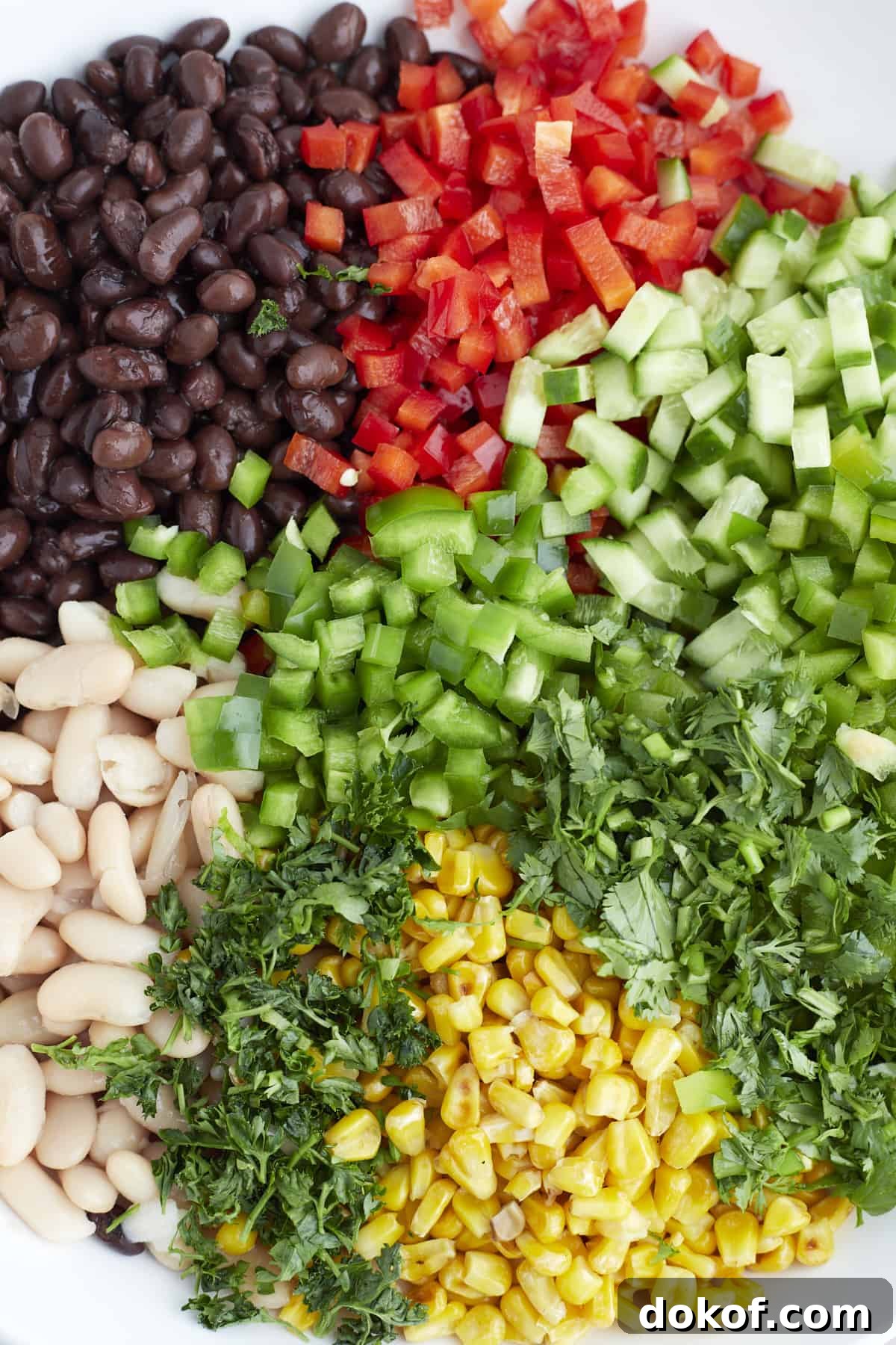 closeup of green peppers, jalapeños, black beans, cannelloni beans, corn and herbs
