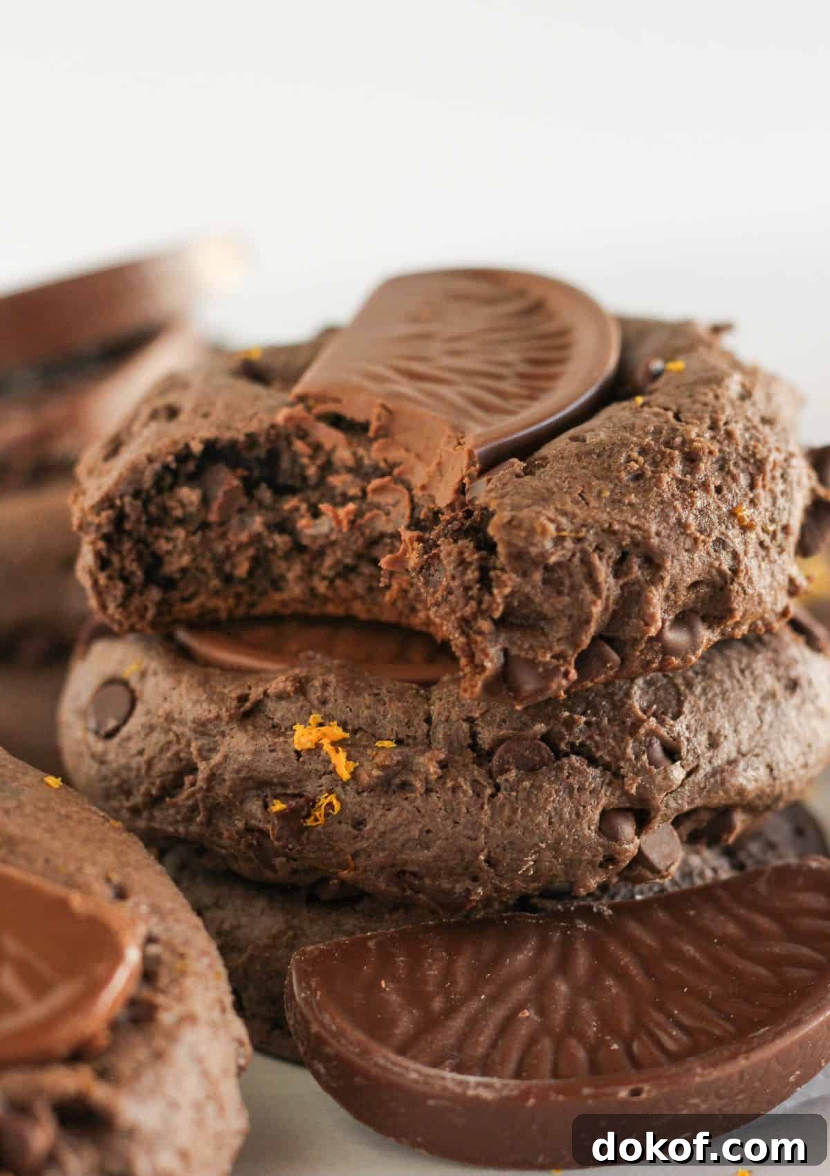 Chocolate Cake Mix Cookies: 12 Irresistible Recipes You’ll Love 29 Stacks of chocolate orange cookies with a bite taken from one.