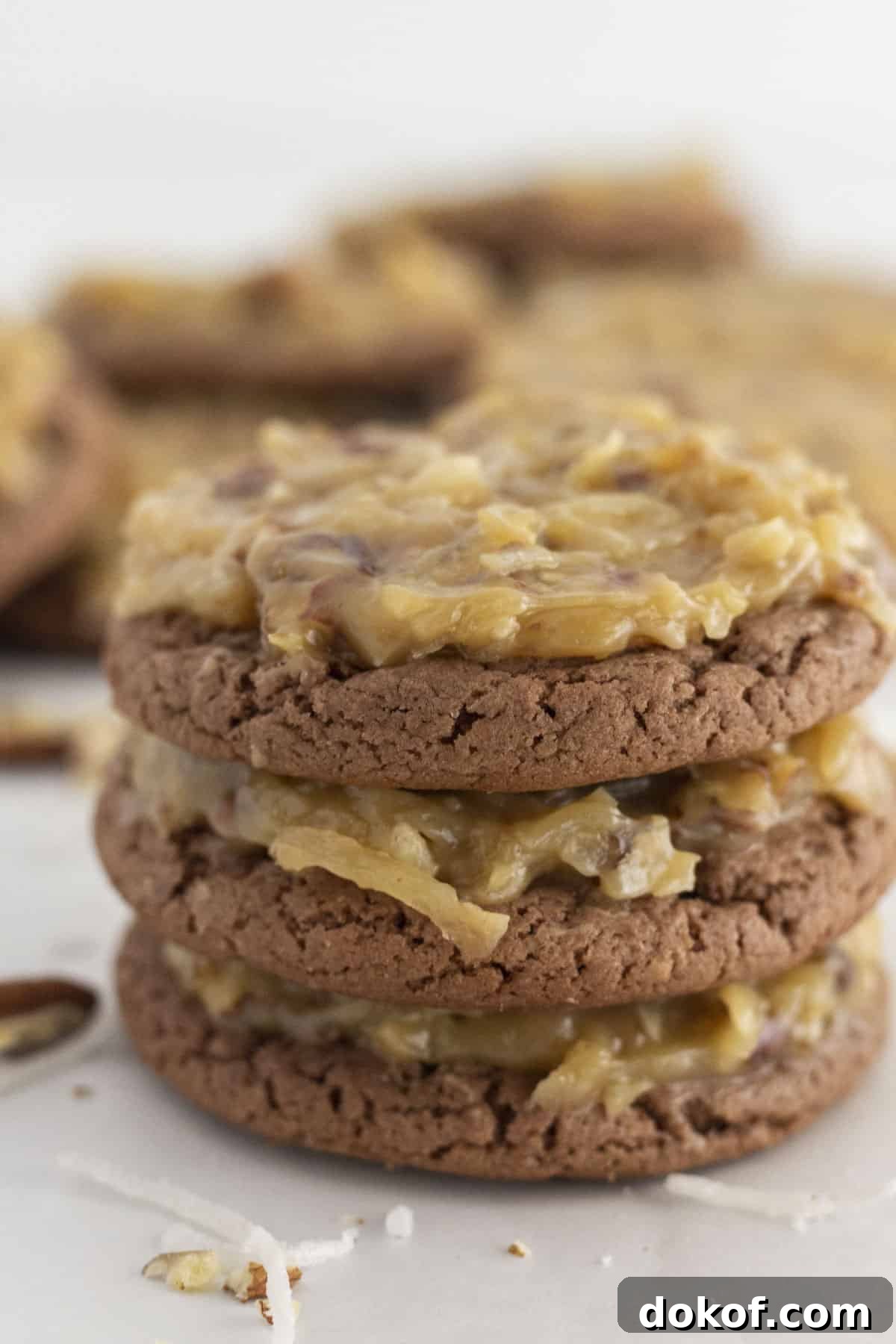 Chocolate Cake Mix Cookies: 12 Irresistible Recipes You’ll Love 6 German chocolate cake mix cookies stacked on each other.