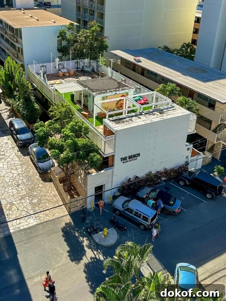 An aerial of The Beach Waikiki Boutique Hostel on Cartwright Rd in Waikīkī