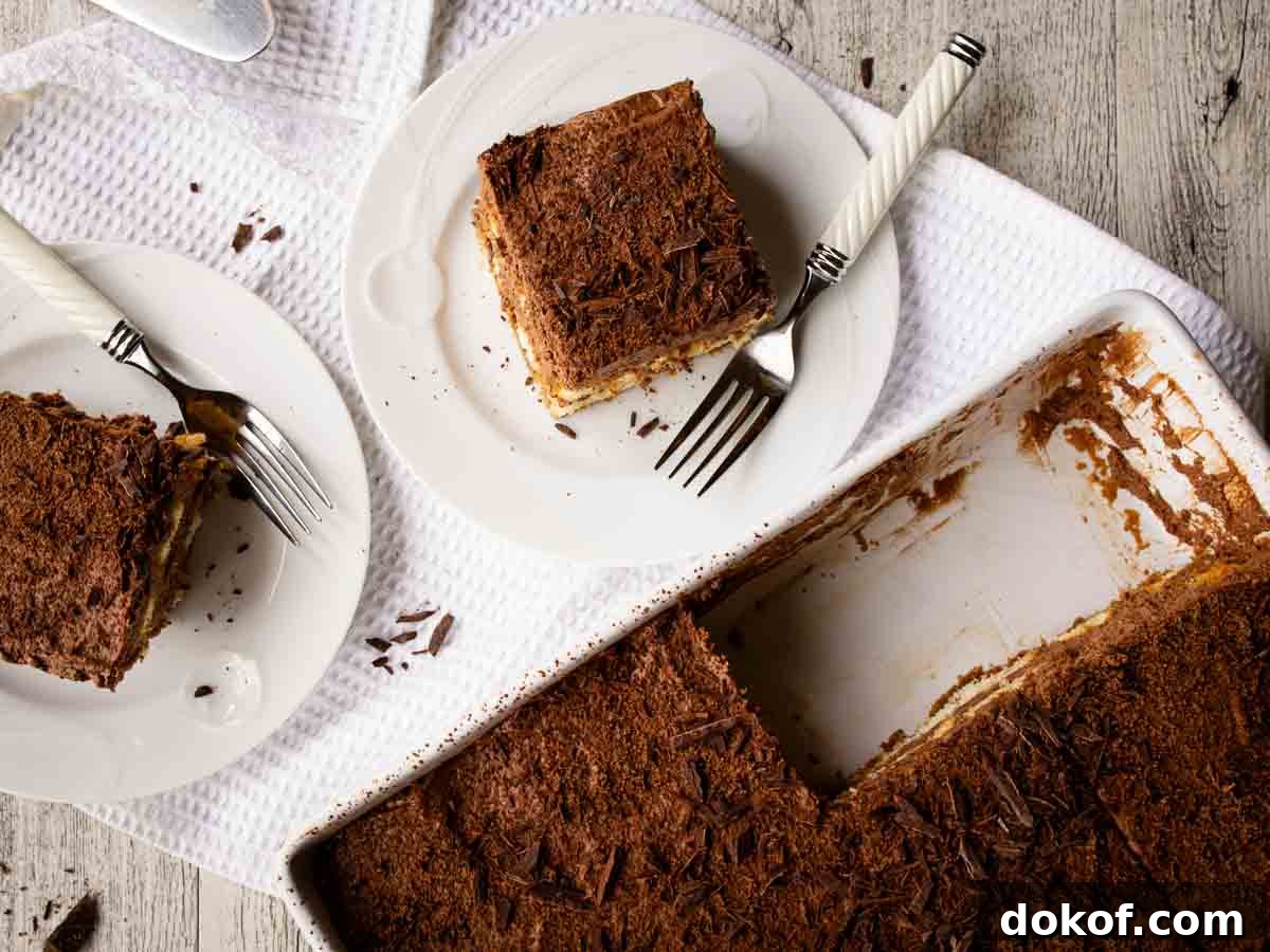 Decadent Chocolate Tiramisu Recipe for Coffee Lovers 12 Overhead view of chocolate dessert cut into squares on white plates.