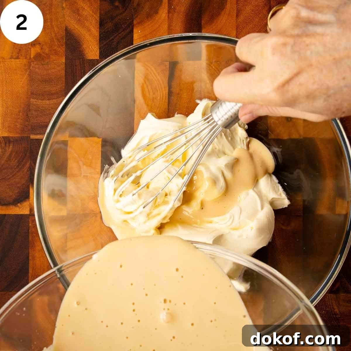 Decadent Chocolate Tiramisu Recipe for Coffee Lovers 5 Mascarpone in a bowl with yellow creamy mixture being poured in.