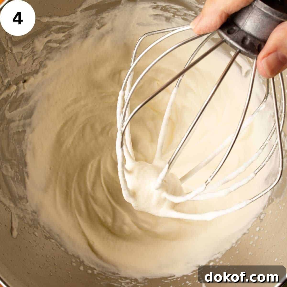 Decadent Chocolate Tiramisu Recipe for Coffee Lovers 7 Whipped cream in a stainless steel bowl with wire whisk.