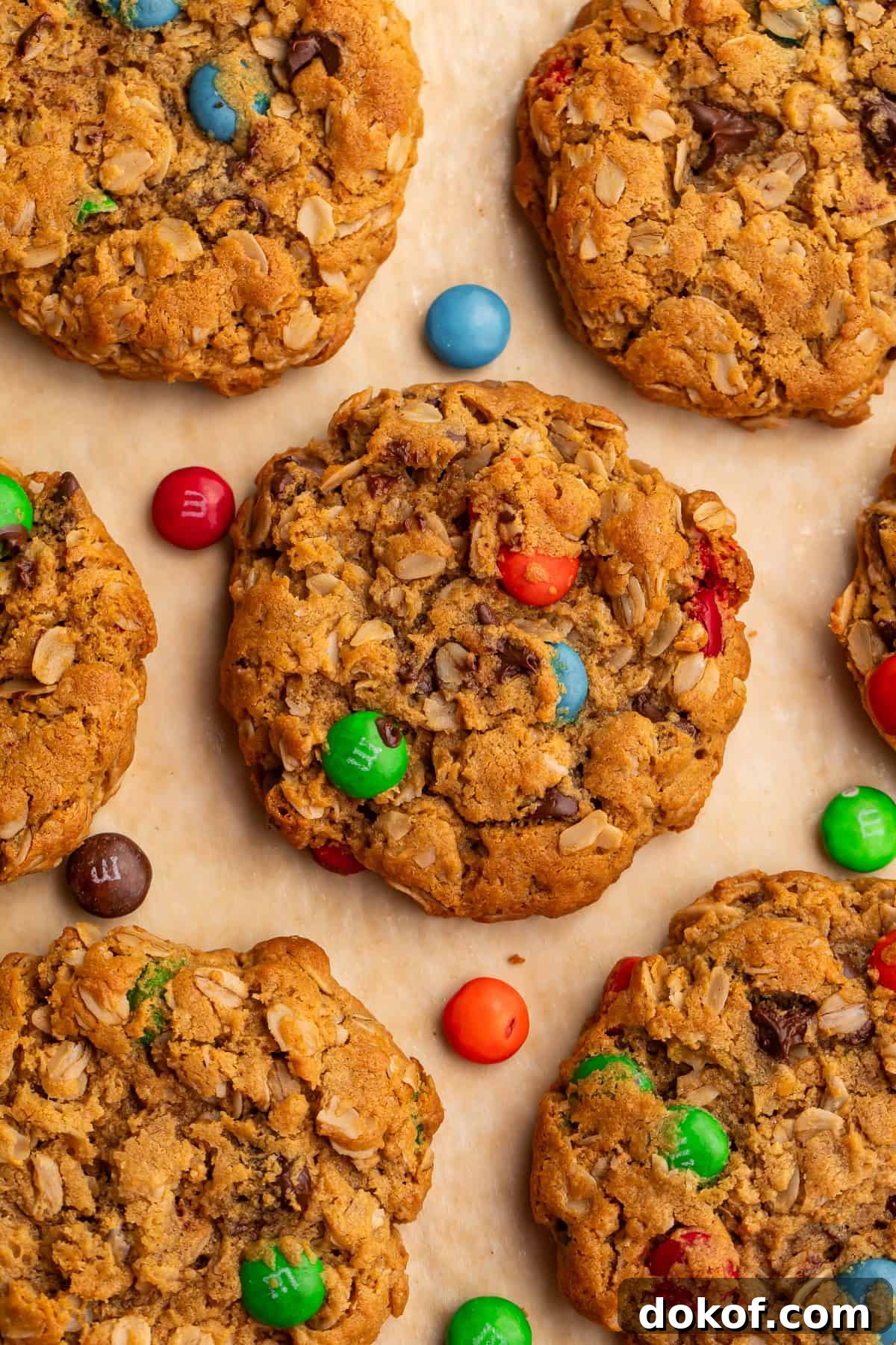 Close up of a batch of monster cookies pictured overhead with M&M candies scattered around them.