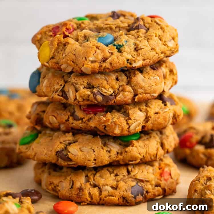 Stack of monster cookies on a piece of baking parchment.