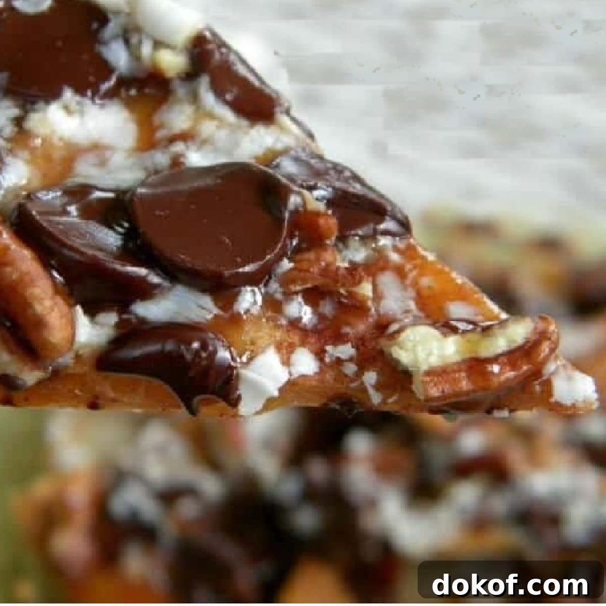 Nachos covered in melted chocolate, caramel sauce, and pecans.