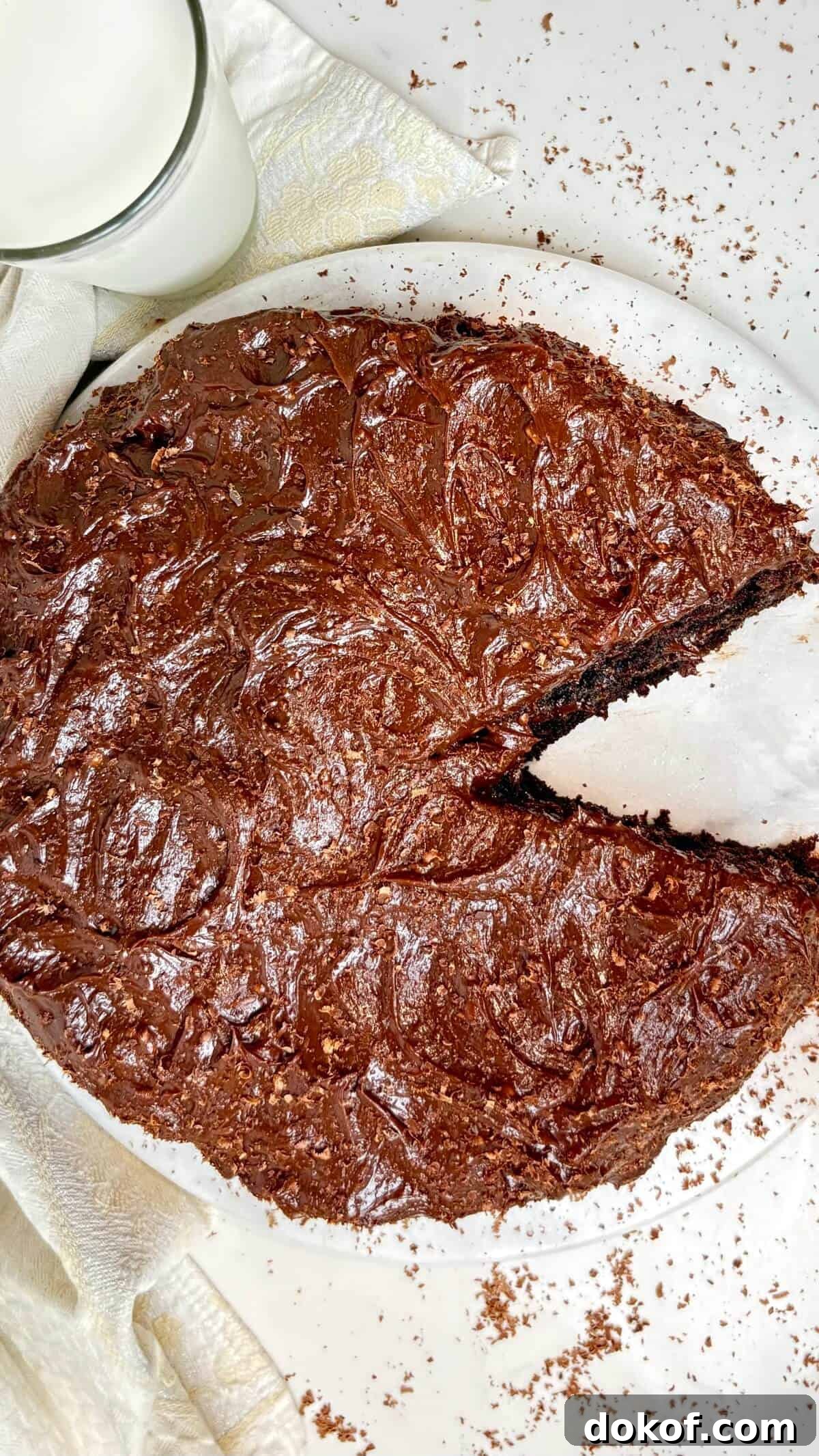 Whole cake, with one slice cut out.