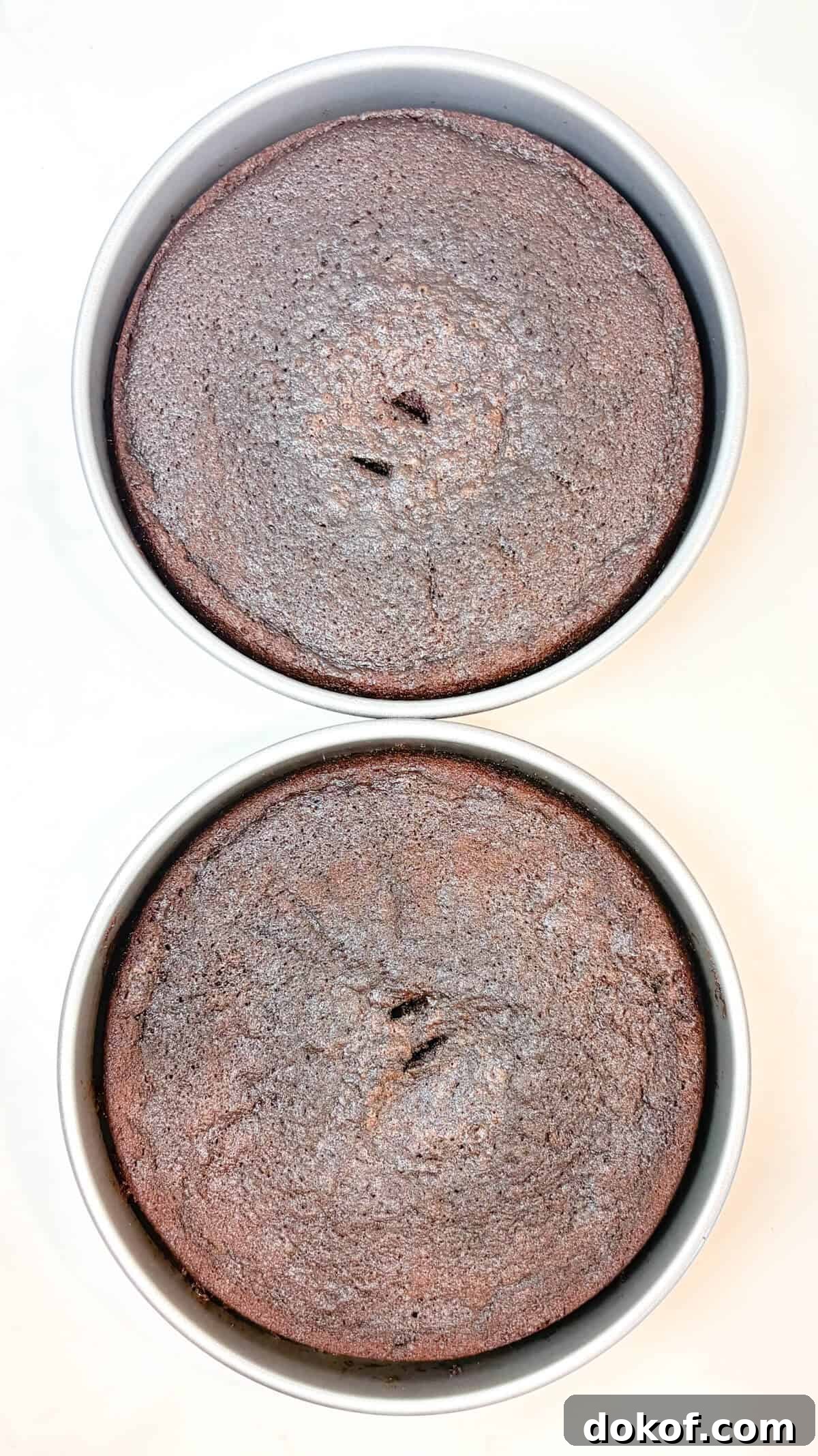 Two baked cakes in pans, fresh from the oven.
