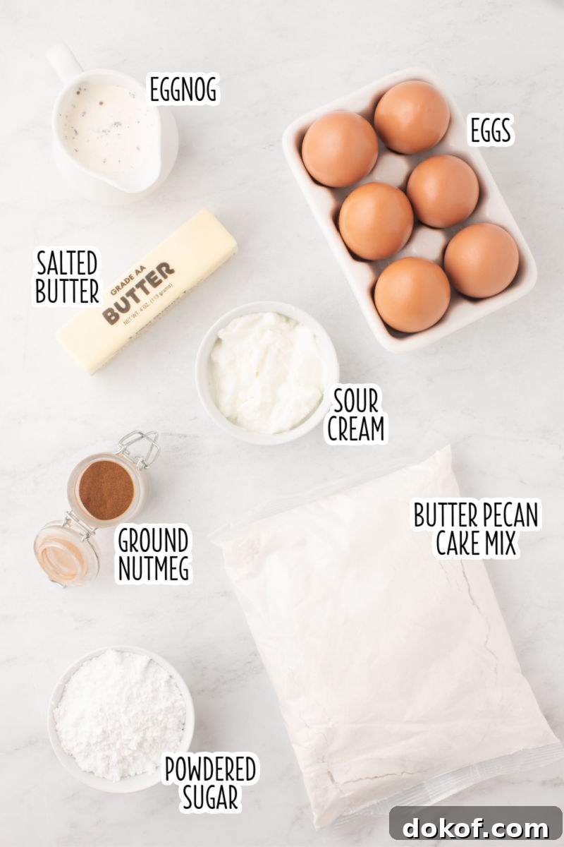 ingredients to make eggnog cake with text labels