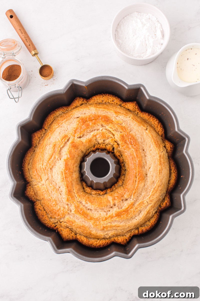 eggnog bundt cake in the pan after cooking
