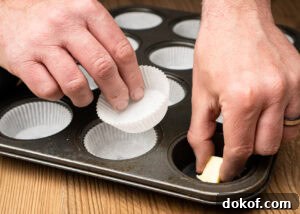 Putting a dab of butter inside cupcake holes in the tin using cube of butter and placing paper cupcakes cases on top