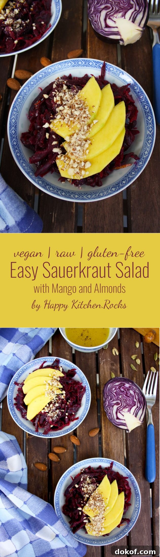 Sauerkraut Salad with Mango and Almonds — Refreshing Tangy Twist 8 Delicious and healthy 5-minute recipe of a sauerkraut salad with mango, almonds and lemon-cardamom vinaigrette. Vegan, vegetarian, raw, gluten-free.