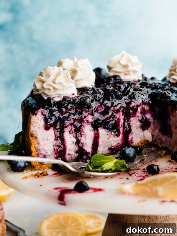 Blueberry cheesecake on a white cake stand with slices of lemons, topped with blueberry sauce, piped whipped cream, and a few fresh mint leaves.