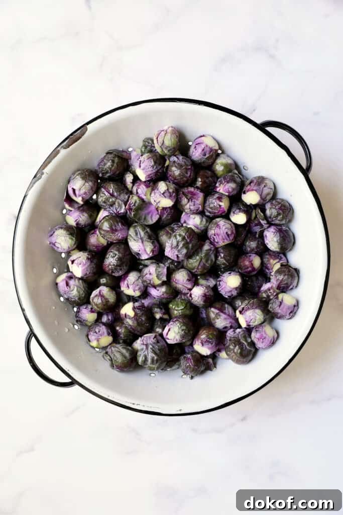 Crispy Roasted Purple Brussels Sprouts with Bacon & Parmesan 4 Photo of purple Brussels sprouts in white colander.