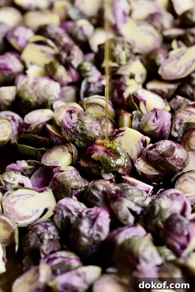 Crispy Roasted Purple Brussels Sprouts with Bacon & Parmesan 5 Photo of oil being drizzled over purple Brussels sprouts.