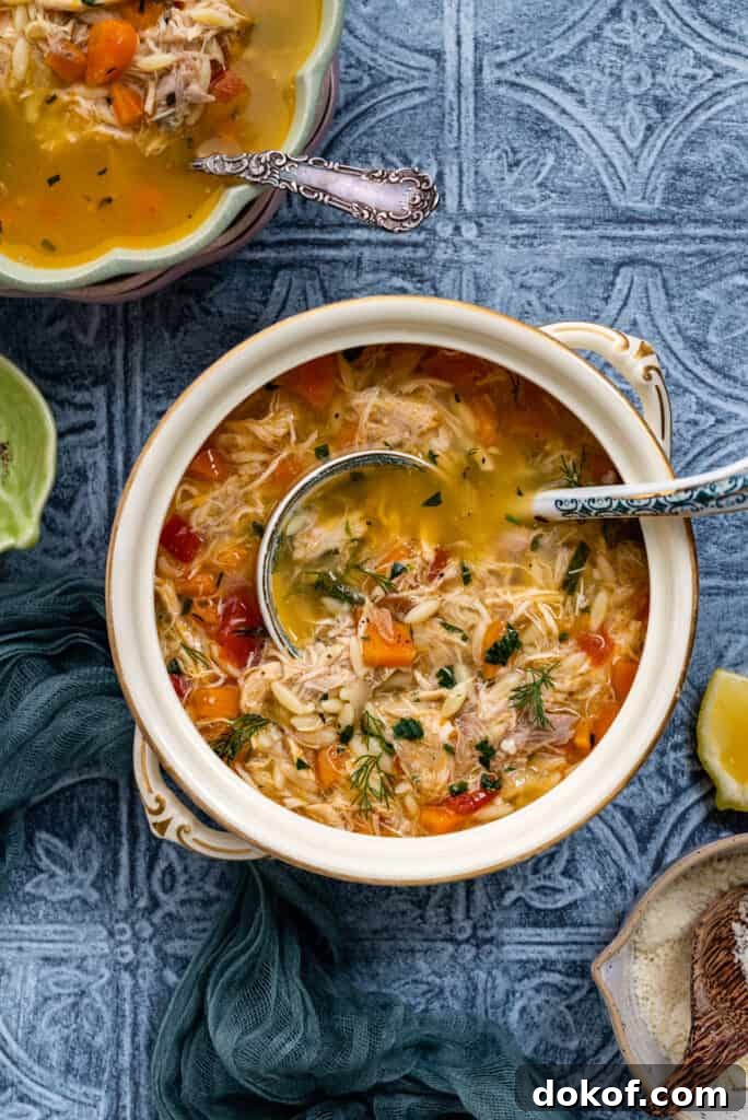 Slow cooked chicken soup in a tureen