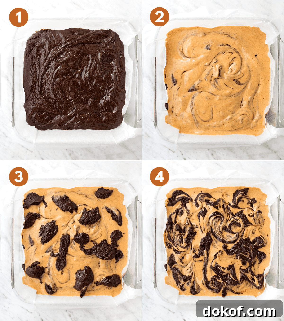 how to make pumpkin cheesecake brownies by swirling the batter collage