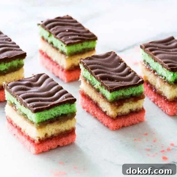 Six Italian rainbow cookies on a marble slab