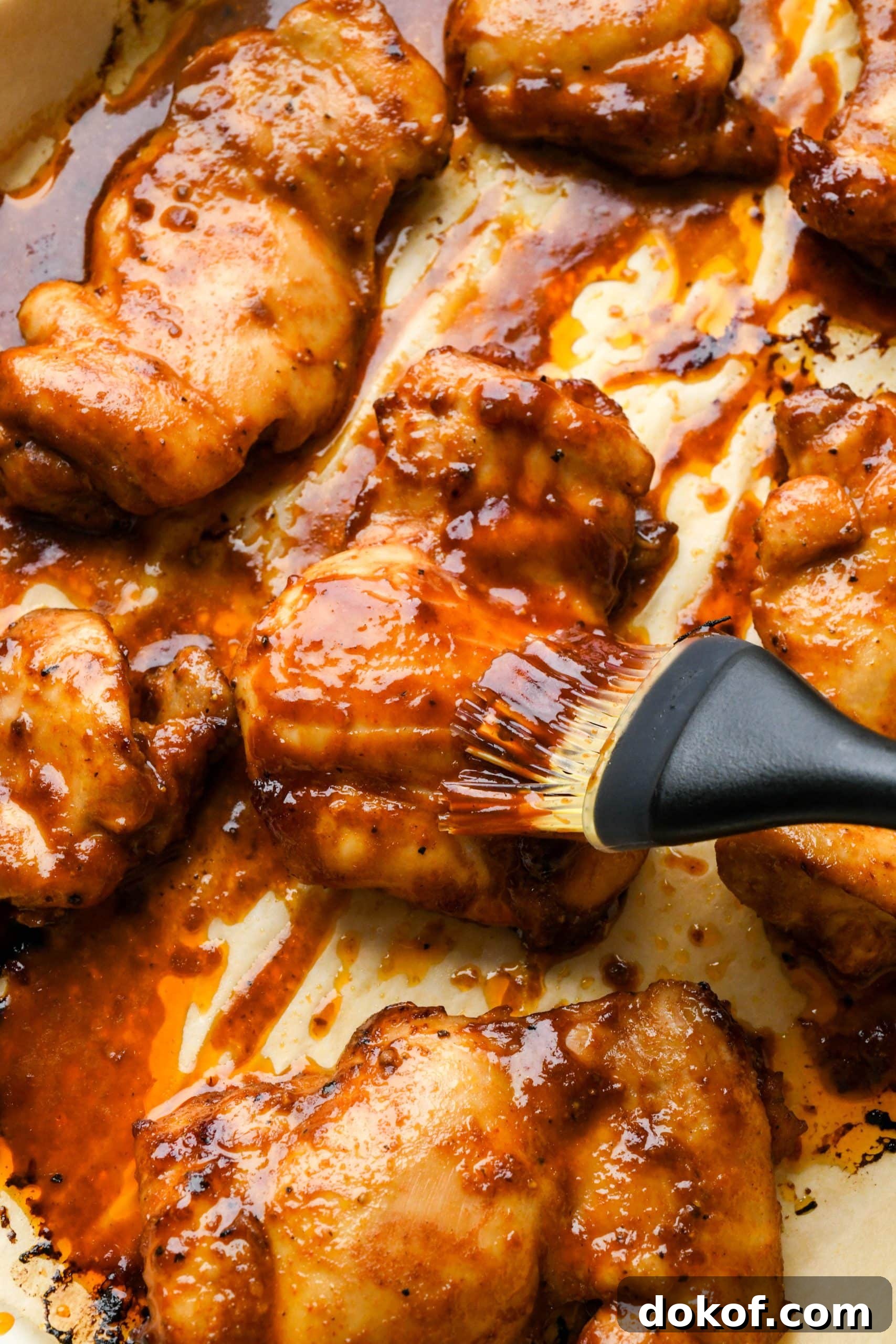 Oven-Baked Caramelized BBQ Chicken Thighs with Sticky Glaze 11 How to make BBQ Chicken Thighs in the Oven: Brushing a partially baked chicken thigh with extra bbq sauce.