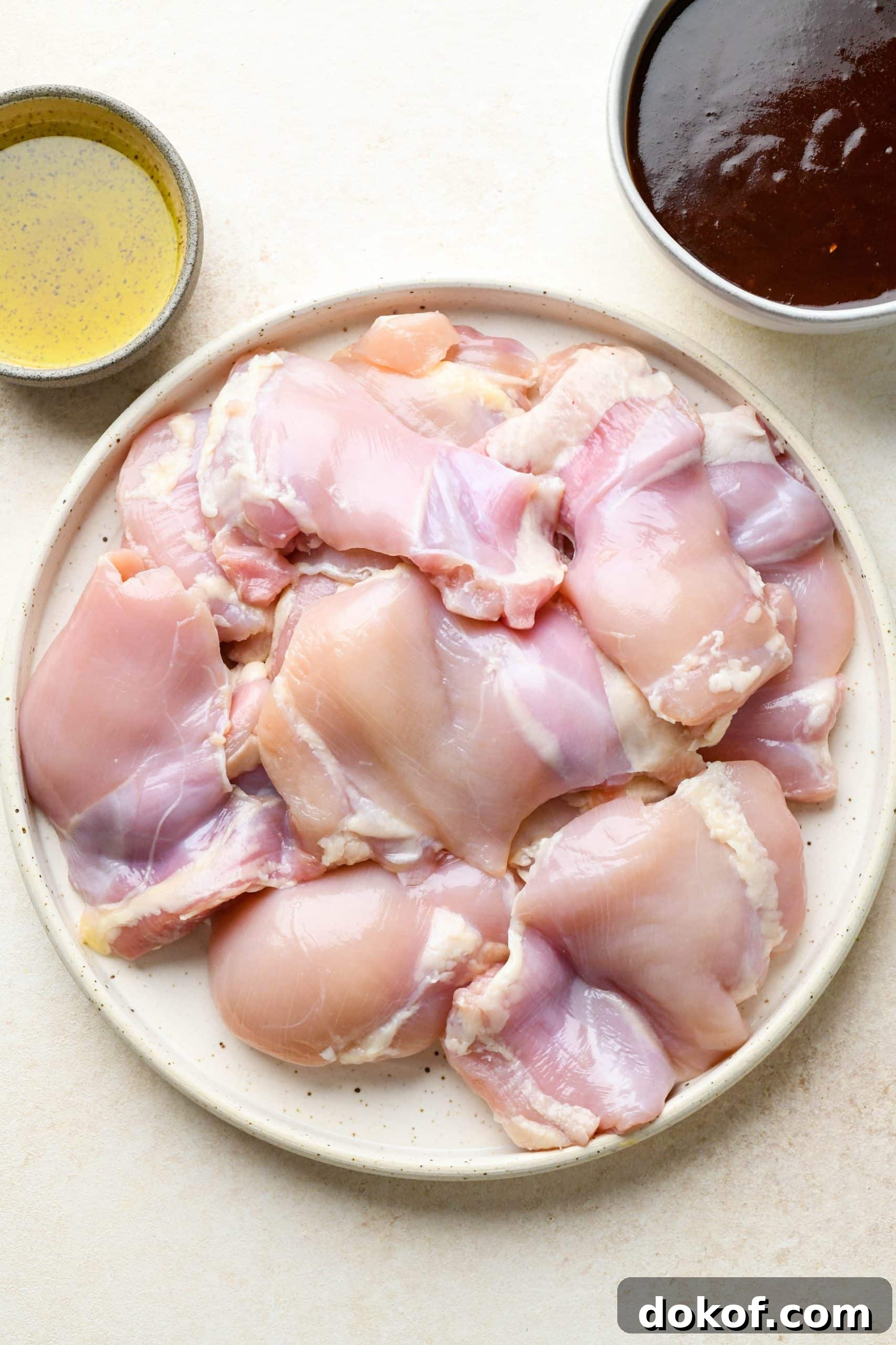 Oven-Baked Caramelized BBQ Chicken Thighs with Sticky Glaze 5 Ingredients for BBQ Chicken Thighs in the Oven: Chicken thighs on a plate, avocado oil in a small bowl, and barbecue sauce in a bowl.