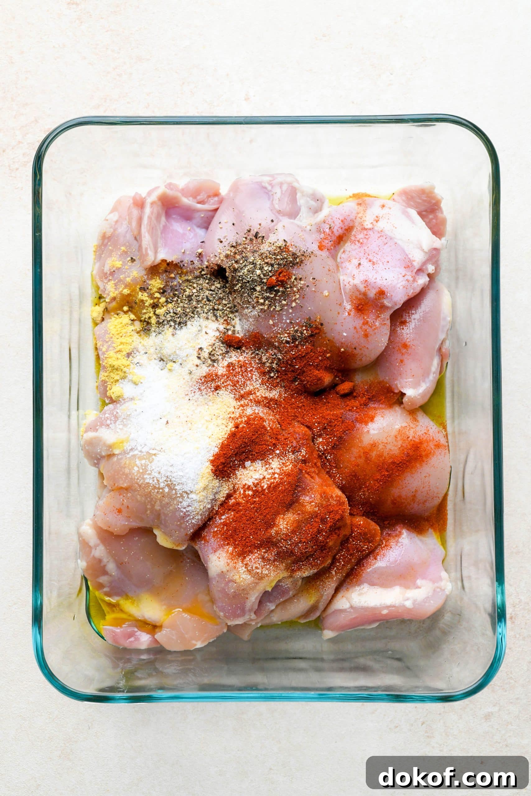 Oven-Baked Caramelized BBQ Chicken Thighs with Sticky Glaze 6 How to make BBQ Chicken Thighs in the Oven: Chicken thighs in a glass container topped with oil and spices.