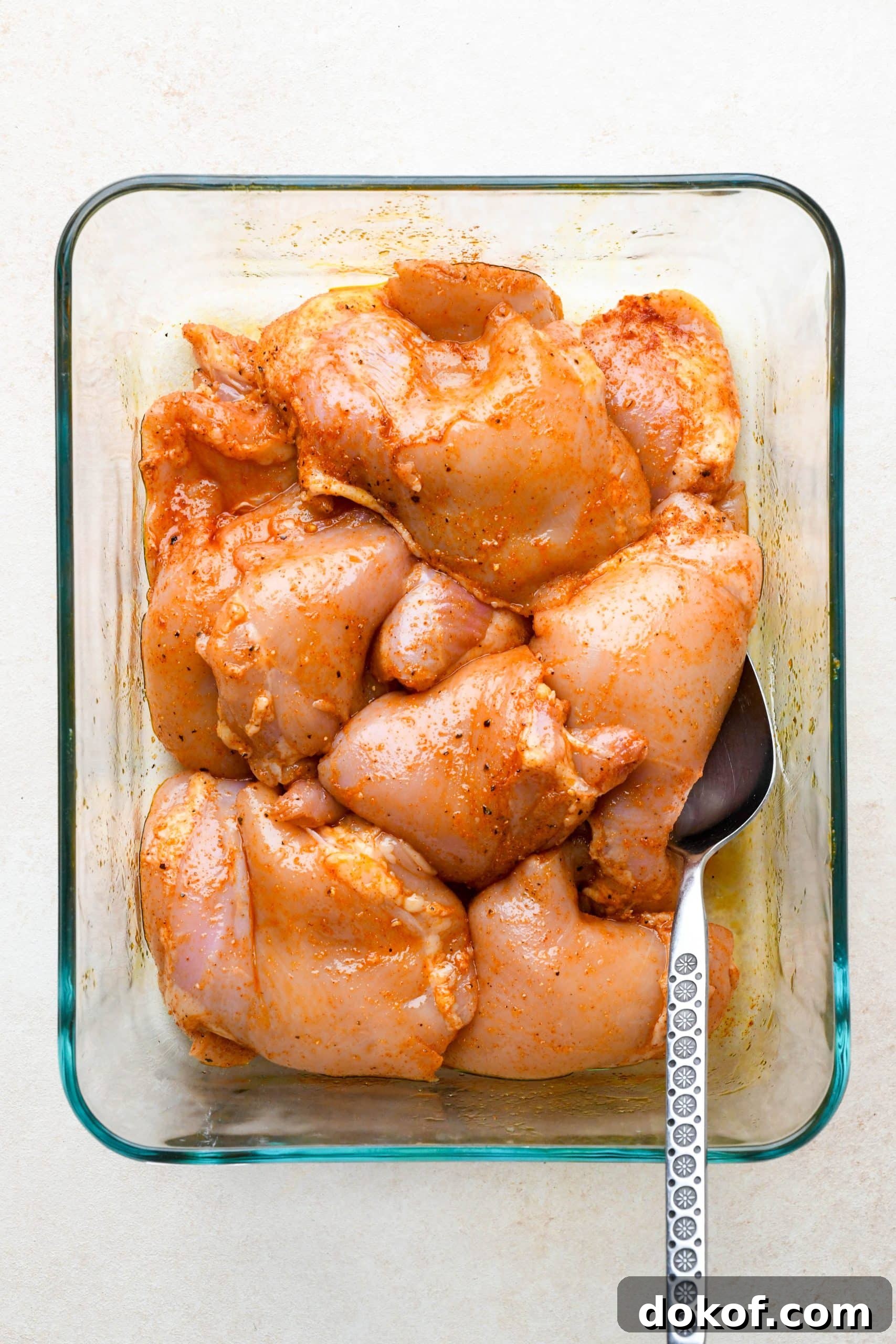 Oven-Baked Caramelized BBQ Chicken Thighs with Sticky Glaze 7 How to make BBQ Chicken Thighs in the Oven: Chicken thighs in a glass container mixed together with oil and spices.