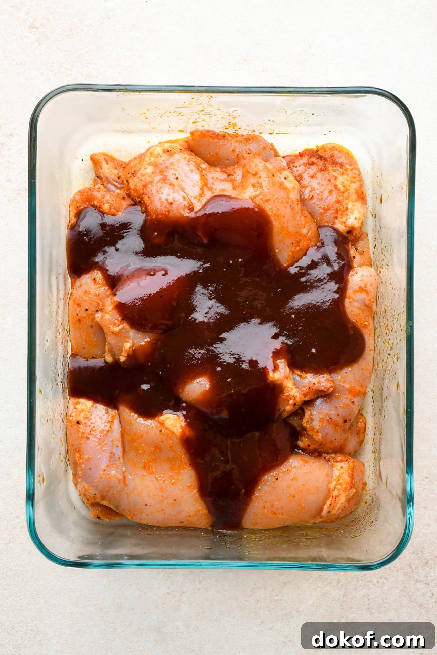 Oven-Baked Caramelized BBQ Chicken Thighs with Sticky Glaze 8 How to make BBQ Chicken Thighs in the Oven: Marinated chicken thighs in a glass container topped with bbq sauce.