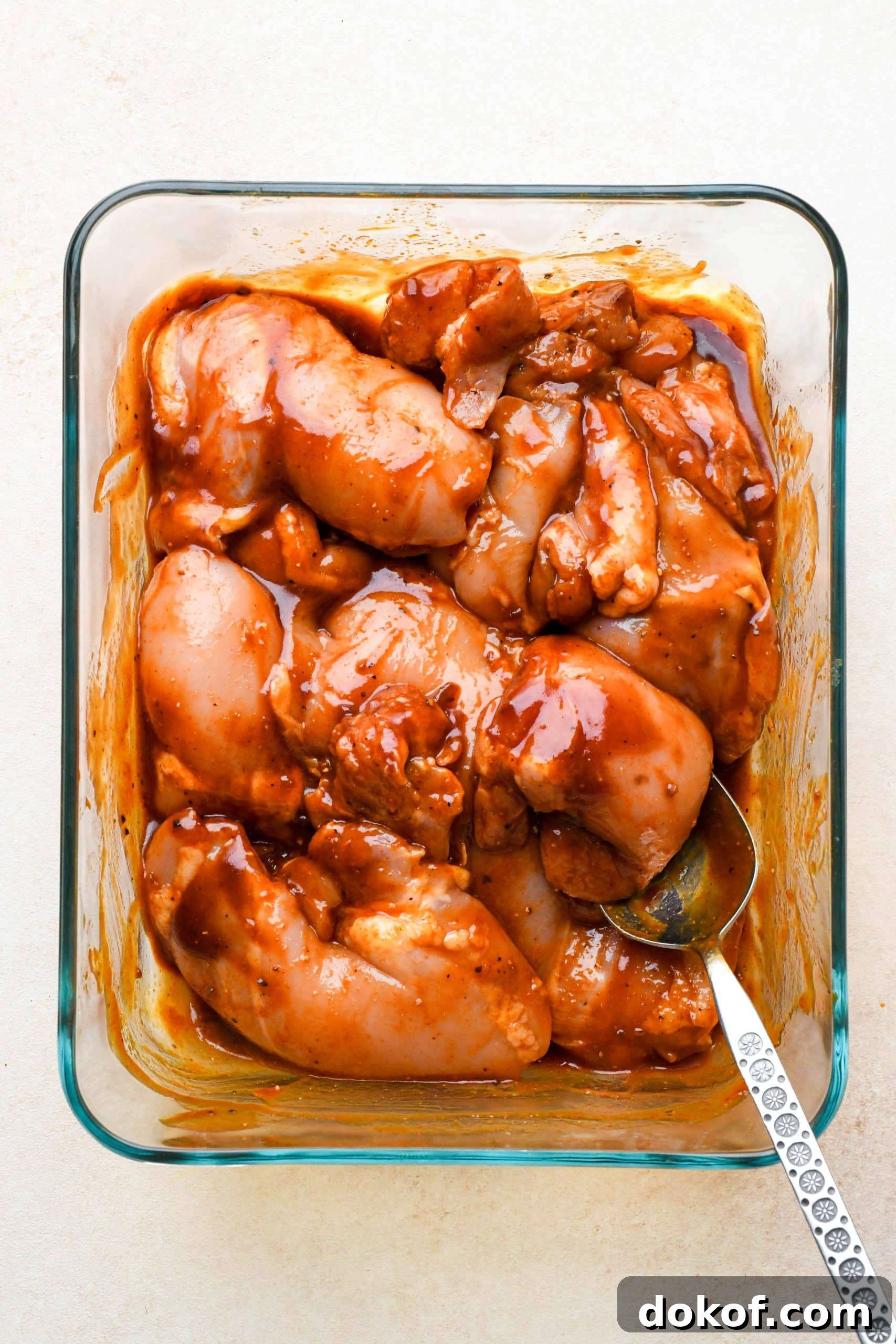 Oven-Baked Caramelized BBQ Chicken Thighs with Sticky Glaze 9 How to make BBQ Chicken Thighs in the Oven: Chicken thighs in a glass container mixed together with bbq sauce.