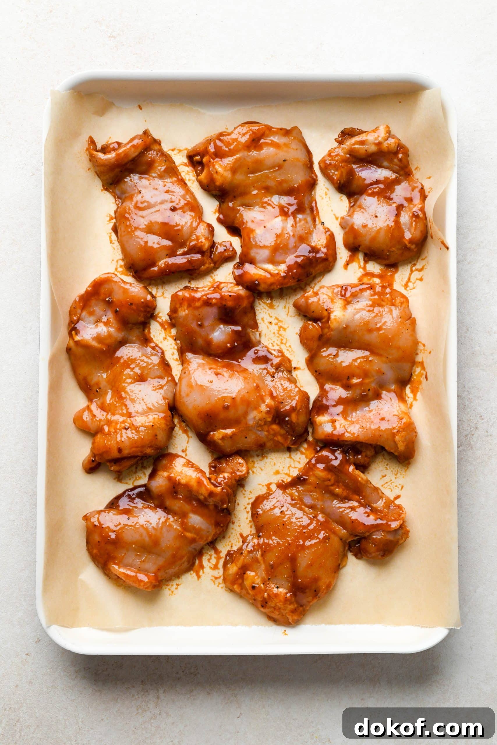 Oven-Baked Caramelized BBQ Chicken Thighs with Sticky Glaze 10 How to make BBQ Chicken Thighs in the Oven: Saucy chicken thighs on a parchment paper lined baking sheet.