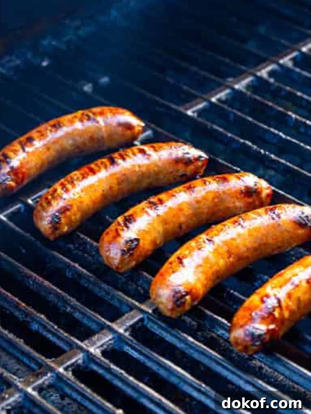 Italian sausages grilling over medium heat for Italian sausage sandwiches.