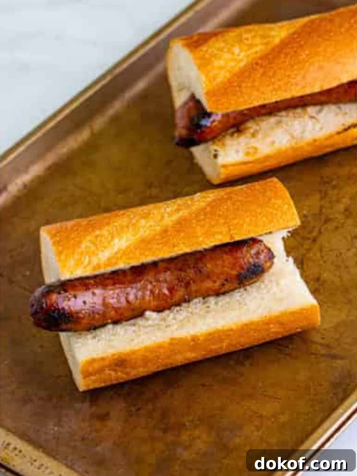 Grilled Italian sausage placed inside a hoagie roll for Italian sausage sandwiches.