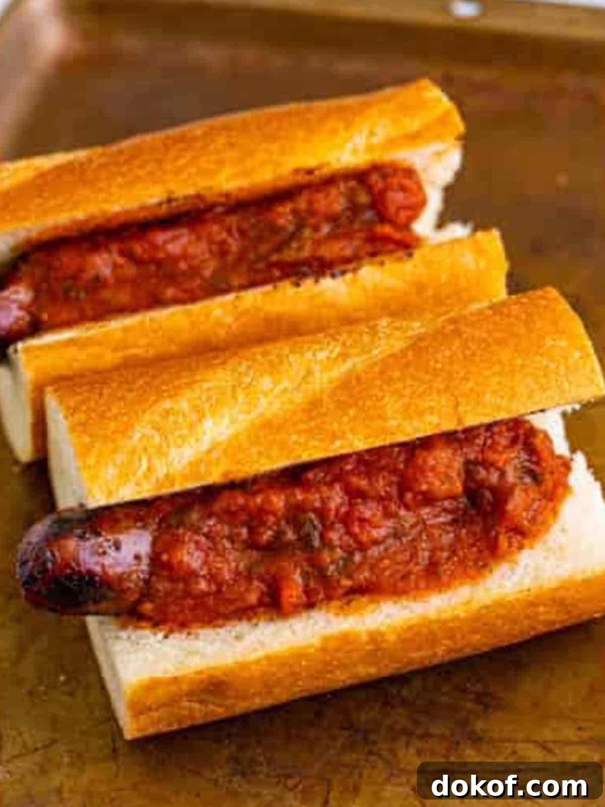 Warm marinara sauce spooned over grilled sausage in hoagie rolls.