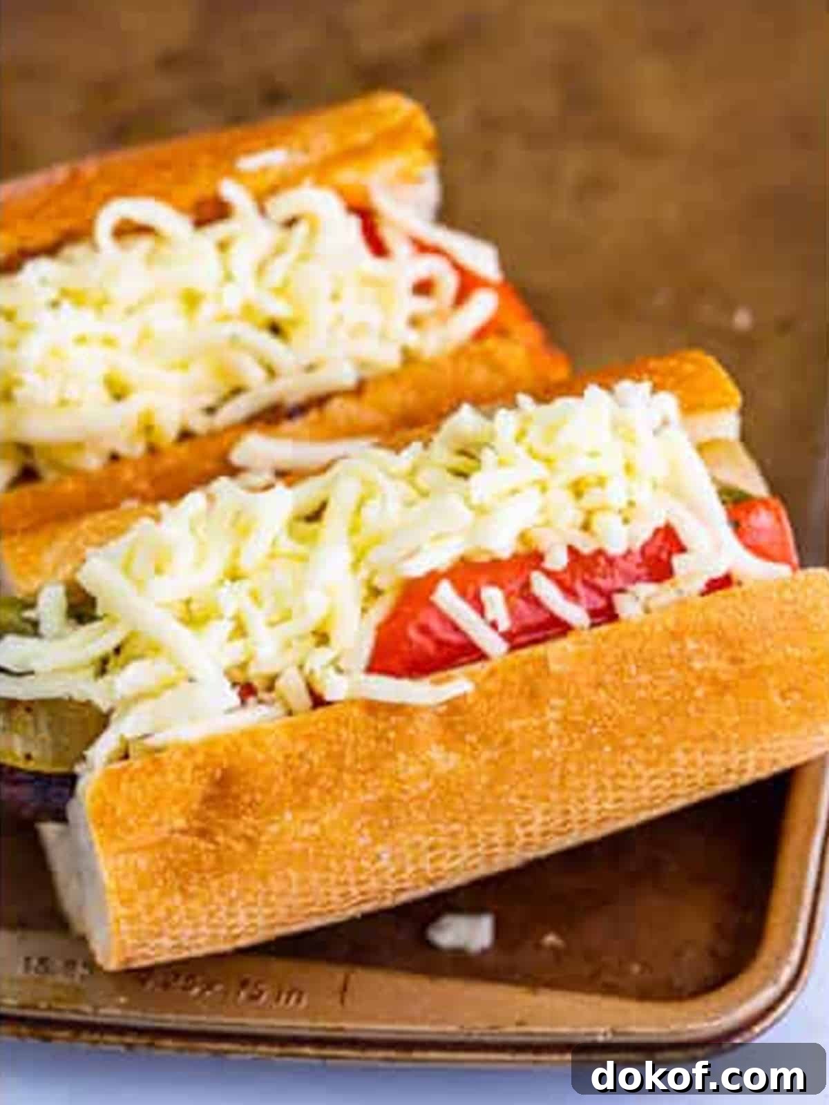 Shredded mozzarella cheese added over the Italian sausage sandwiches before baking.