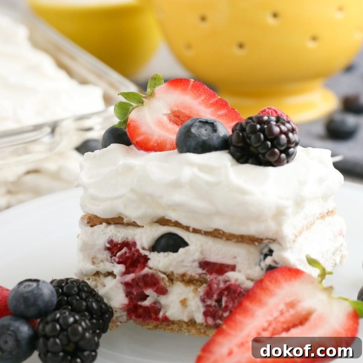 slice of mixed berry graham cracker icebox cake