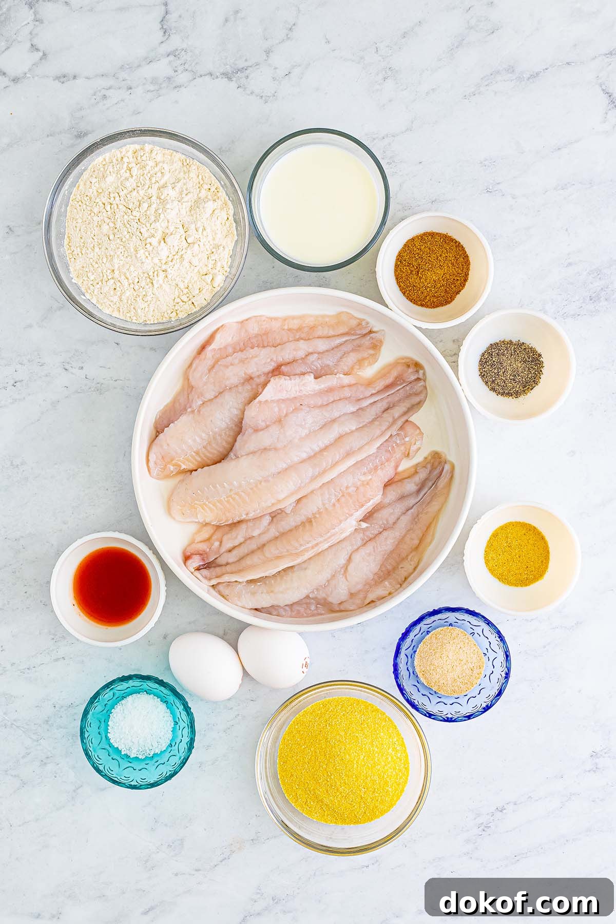 Crispy Southern Fried Catfish Recipe with Tangy Remoulade 3 raw catfish fillets, spices, eggs, hot sauce, cornmeal, flour, and buttermilk.