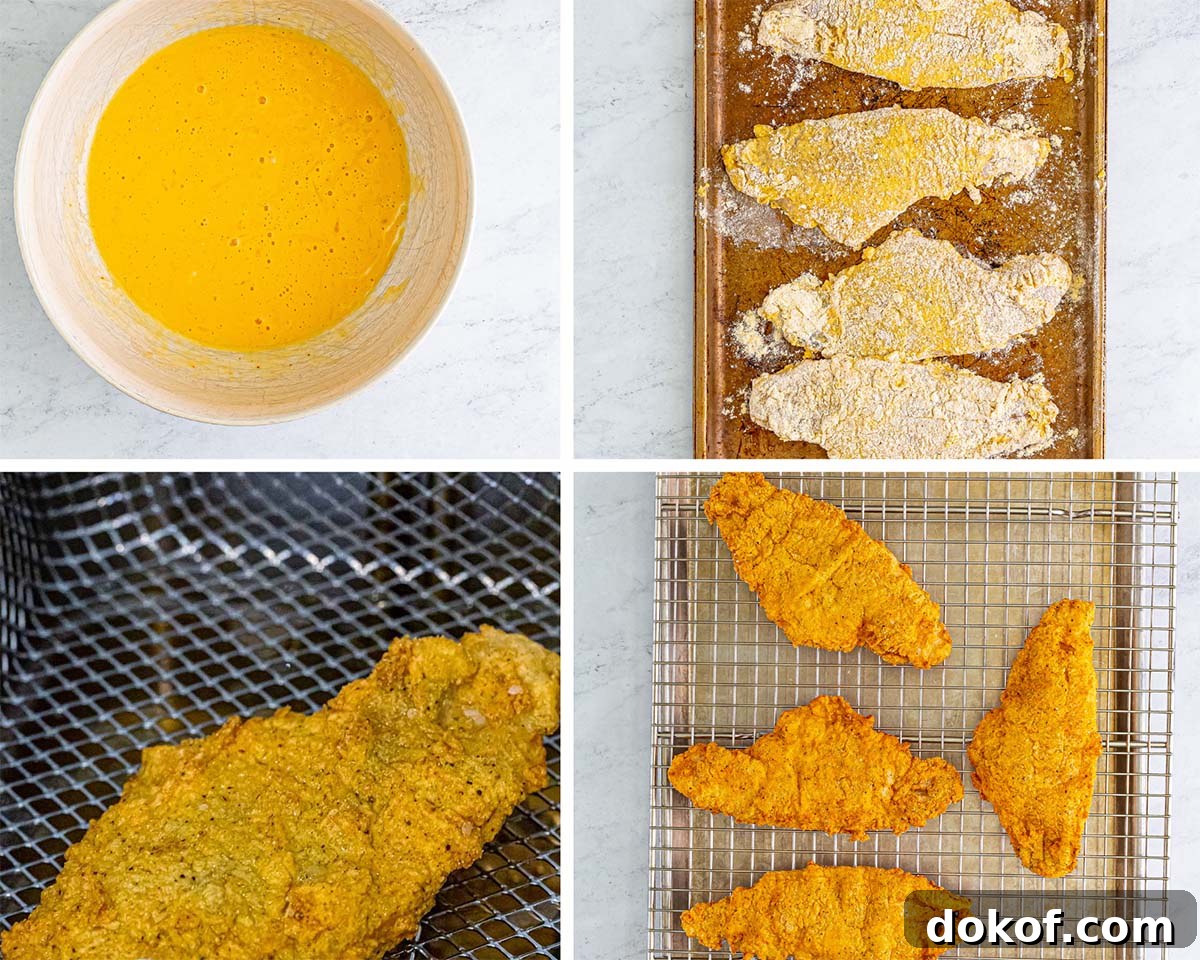 Crispy Southern Fried Catfish Recipe with Tangy Remoulade 4 four photo collage showing how to coat catfish with eggs, flour, and how to fry it.
