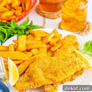 Crispy Southern Fried Catfish Recipe with Tangy Remoulade 6 Two Southern fried catfish fillets with fries on a plate and lemon wedges on the side.