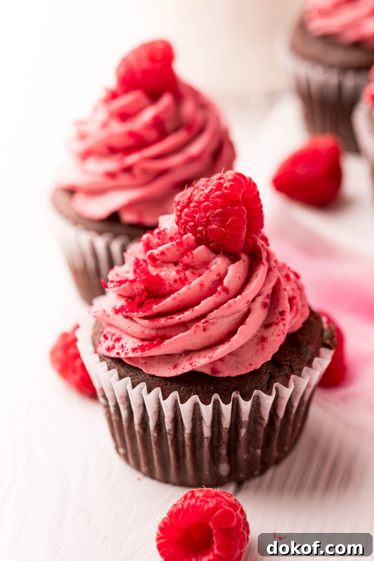 Decadent Chocolate Raspberry Cupcakes with Raspberry Filling 2 Close up photo of a chocolate cupcakes topped with raspberry frosting.