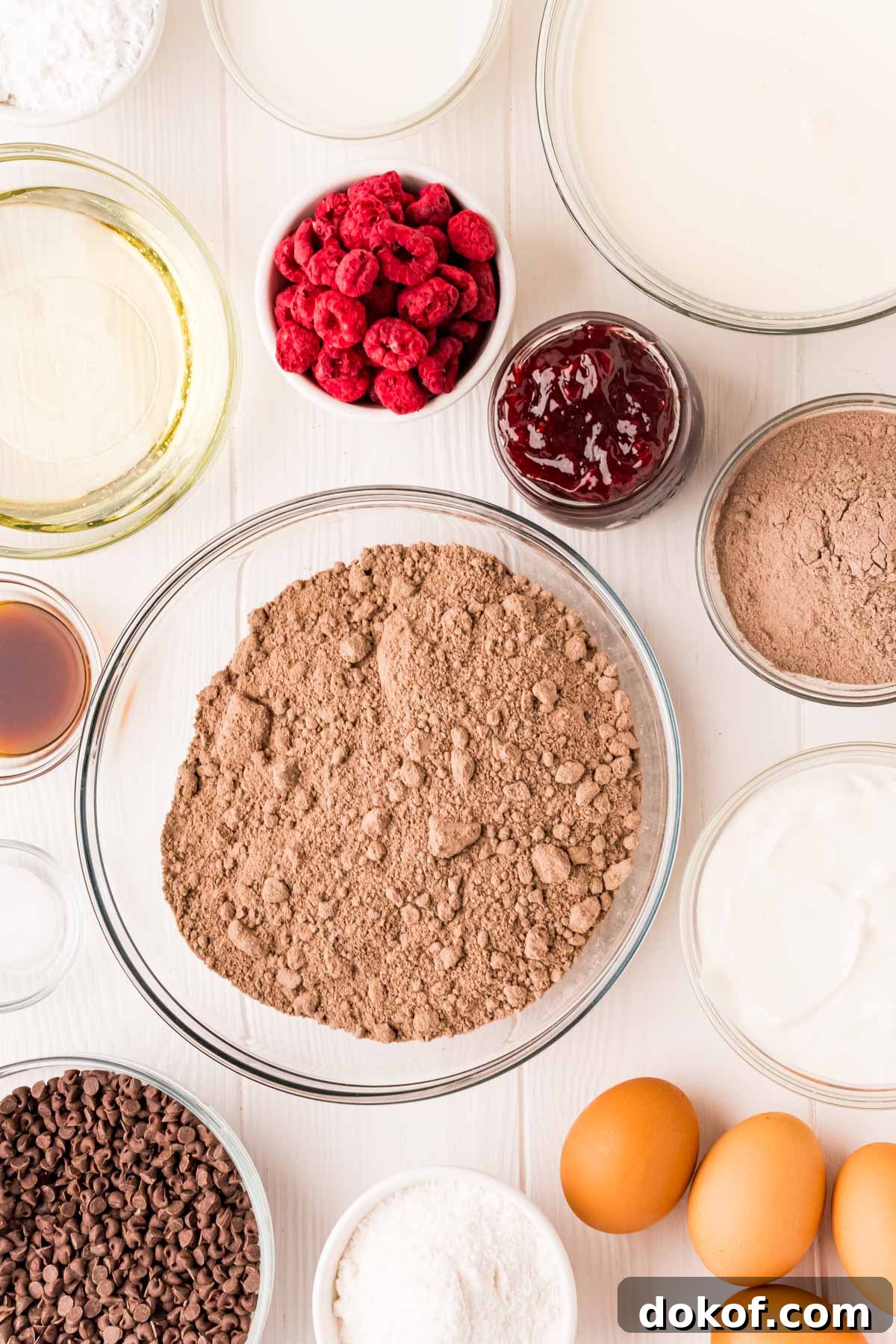 Decadent Chocolate Raspberry Cupcakes with Raspberry Filling 4 Ingredients to make chocolate raspberry cupcakes on a white table.