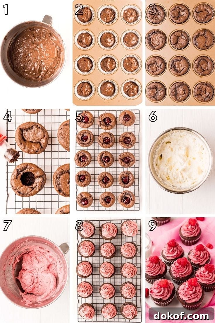 Decadent Chocolate Raspberry Cupcakes with Raspberry Filling 5 step by step photo collage showing how to make chocolate raspberry cupcakes.