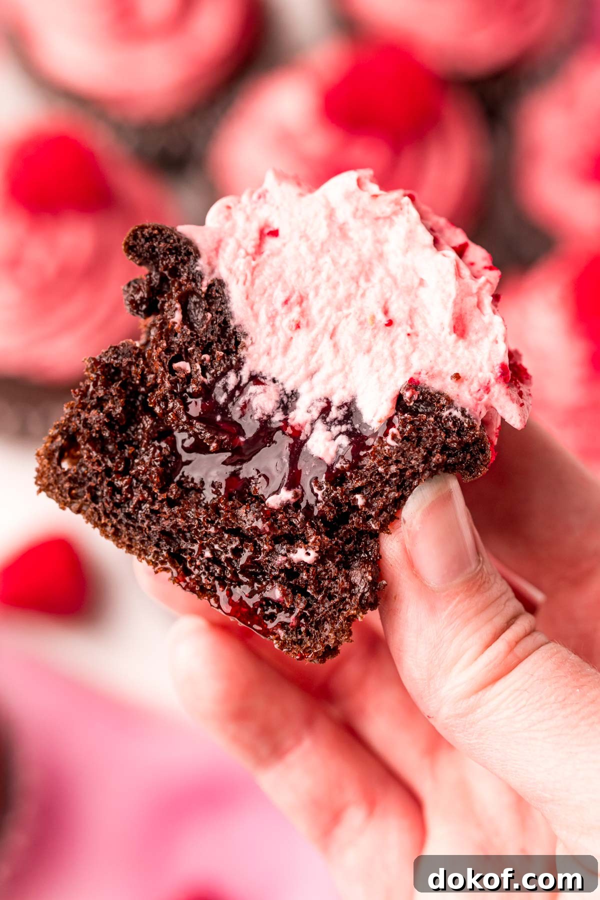 Decadent Chocolate Raspberry Cupcakes with Raspberry Filling 6 A chocolate raspberry cupcake that's been sliced in half to show the filling.