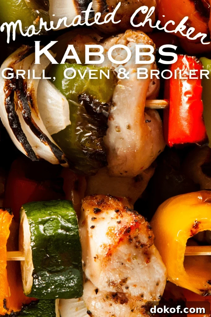 Grilled Chicken Kabobs with marinated chicken and text