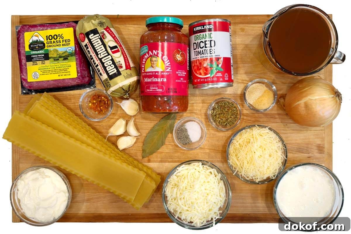 Crockpot Lasagna Soup ingredients shot on a board