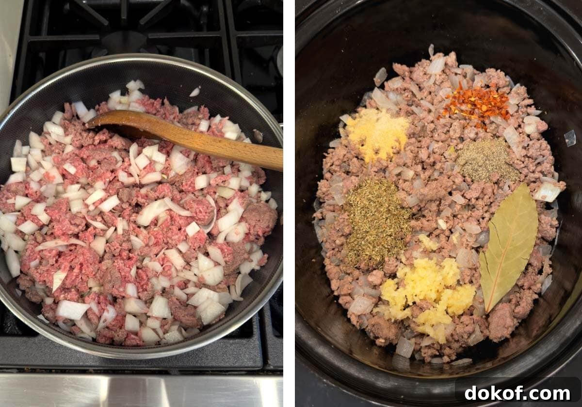 browning ground meat and onions in a skillet, meat & seasonings added to the crockpot