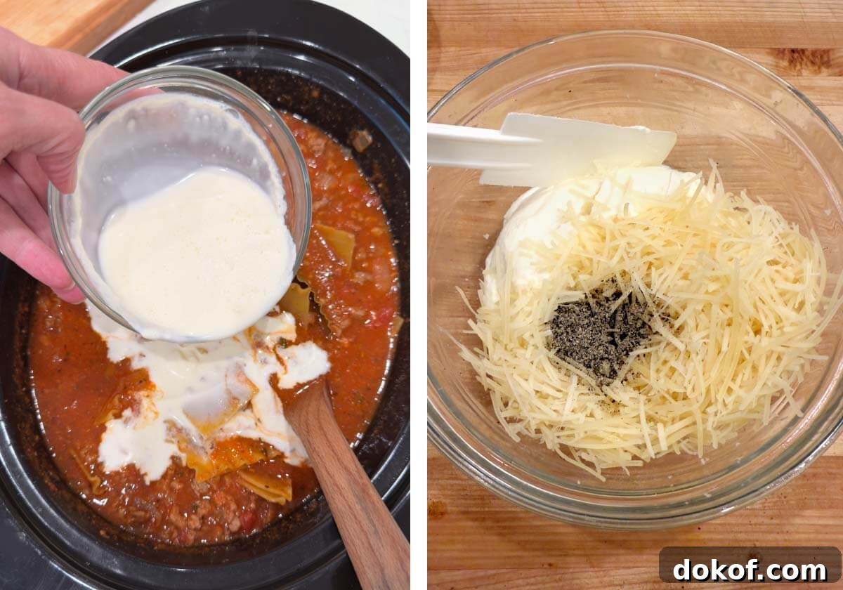 adding cream to soup, mixing cheese topping in a bowl