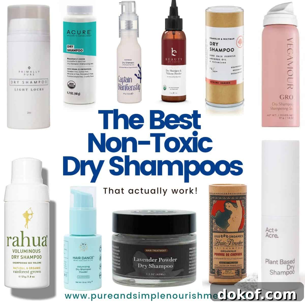 A collage of dry shampoos with the title The Best Non Toxic Dry Shampoos above them.