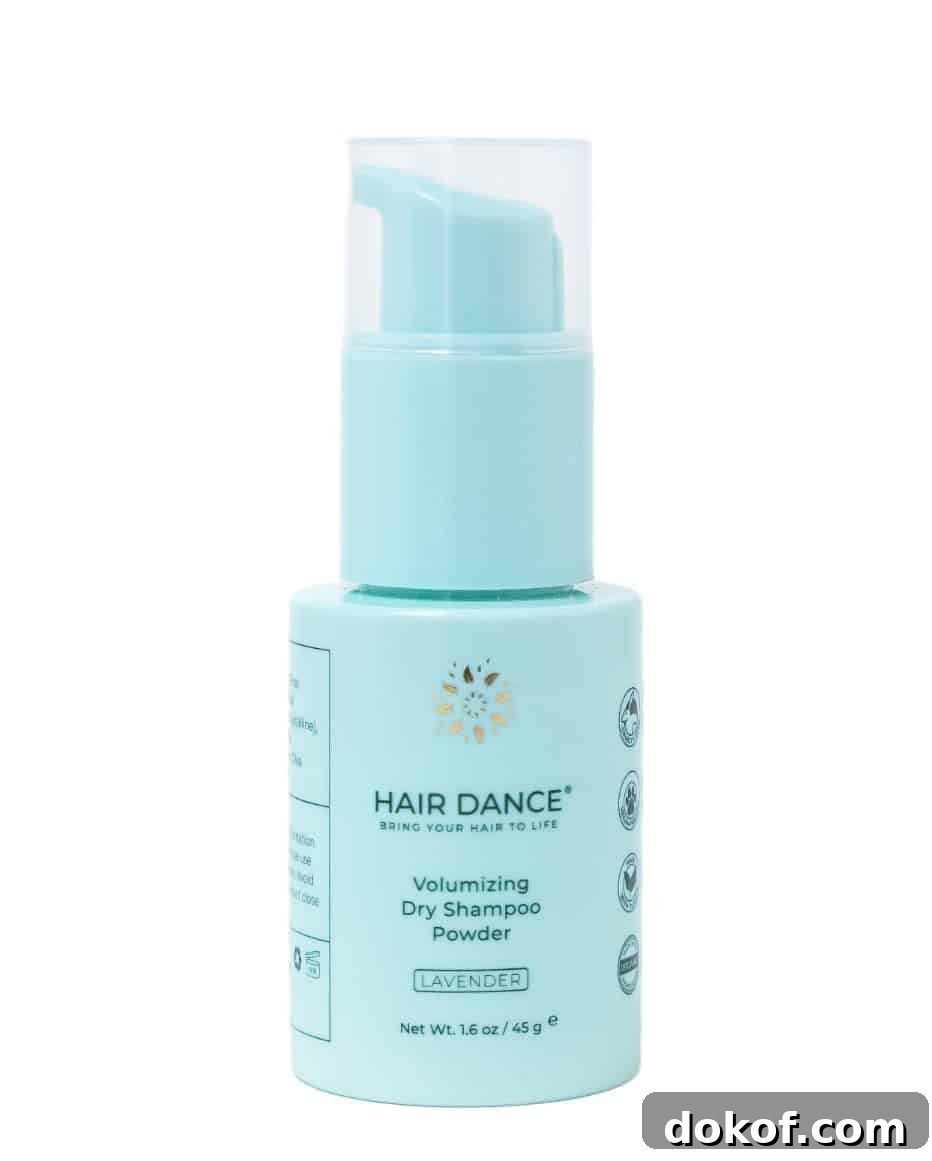 A bottle of Hair Dance dry shampoo powder. 