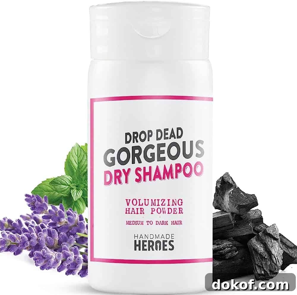A bottle of Handmade Heroes dry shampoo powder.